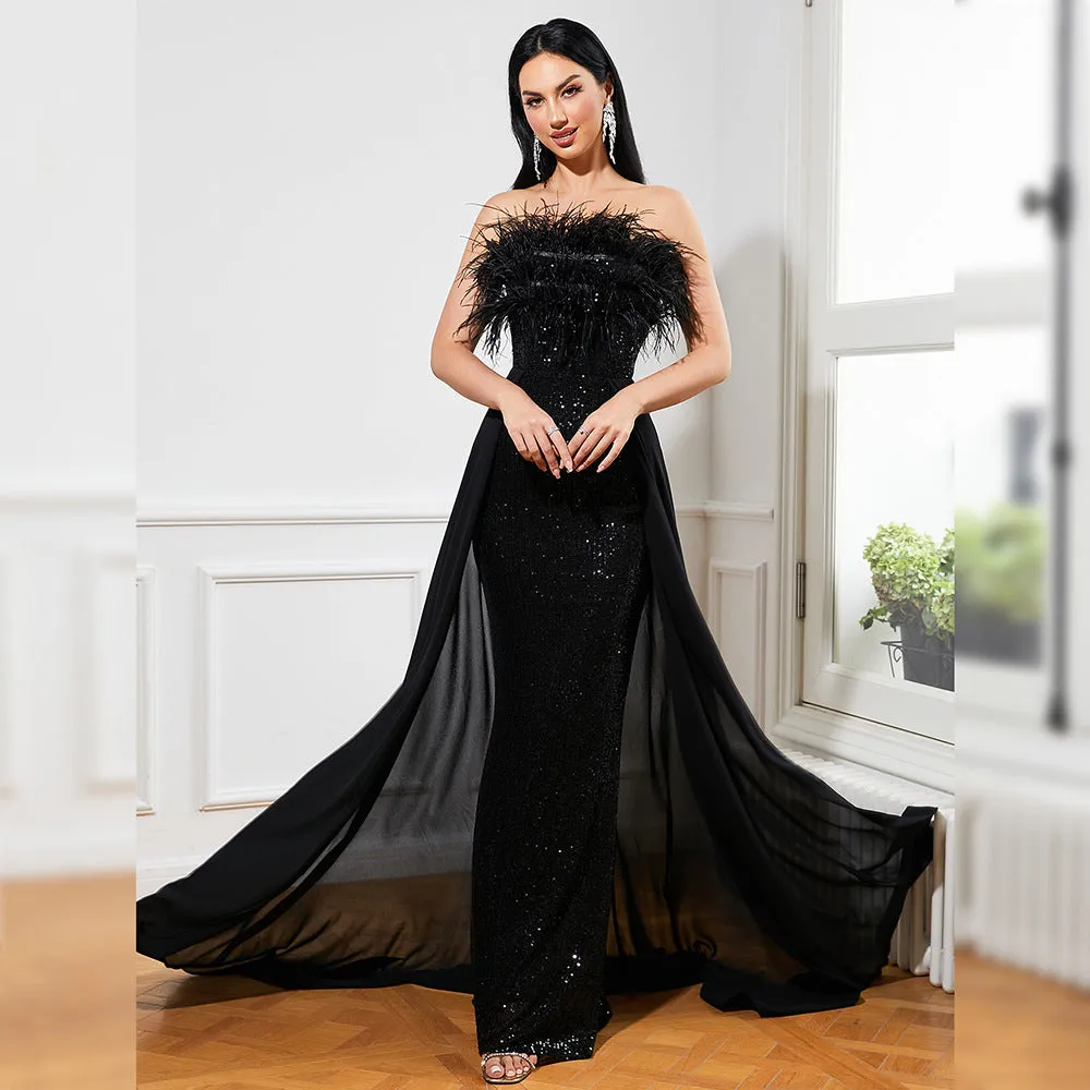 Trend4us Strapless Feather Sequined Gown
