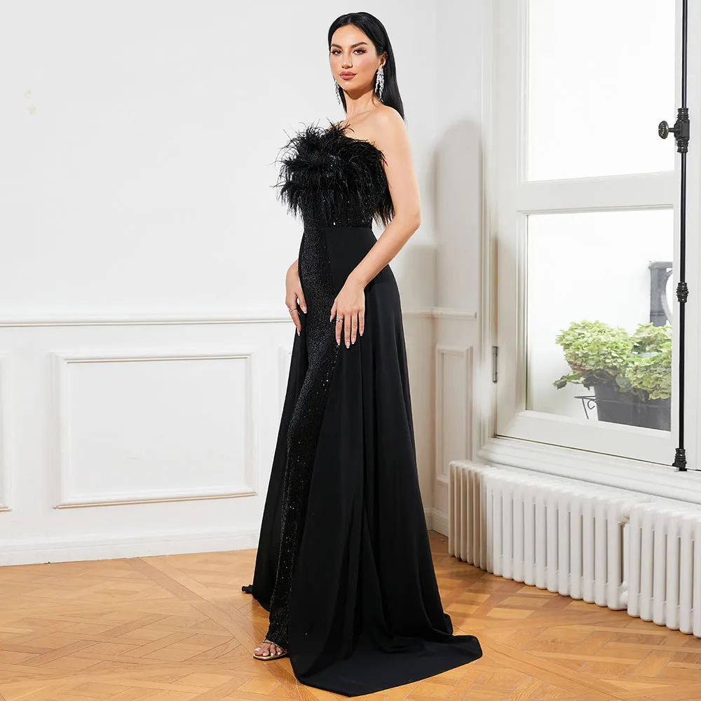 Trend4us Strapless Feather Sequined Gown