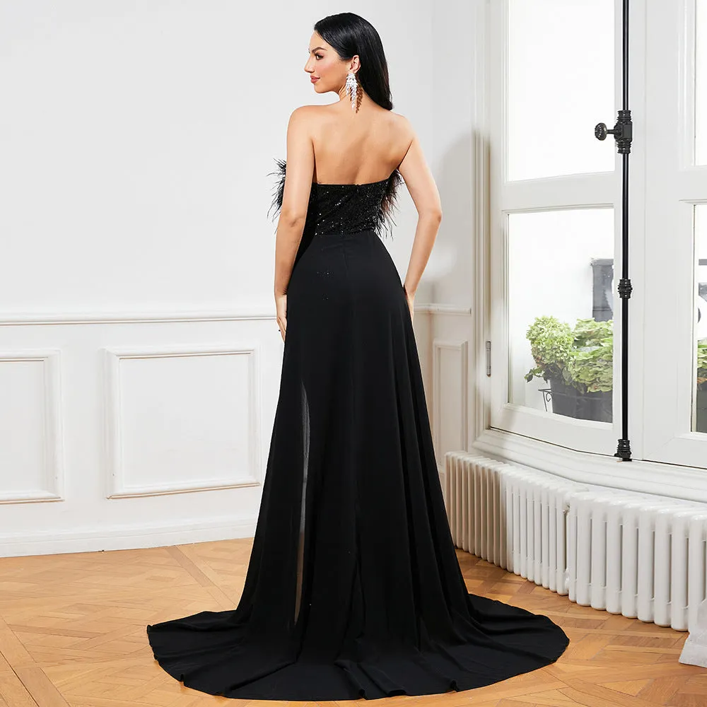 Trend4us Strapless Feather Sequined Gown