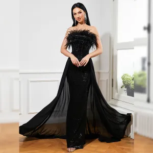Trend4us Strapless Feather Sequined Gown
