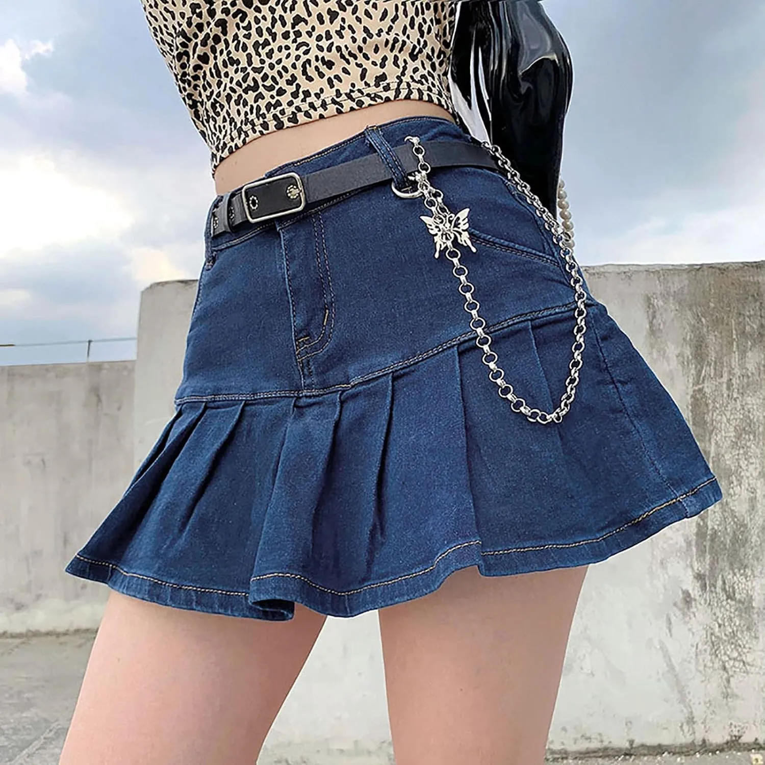 tuduoms Womens Fashion Pleated Jean Skirt High Waist A-line Mini Y2k Ruffled Denim Skirts School Girl Uniform Short Skirts