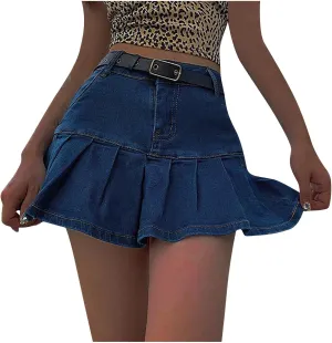 tuduoms Womens Fashion Pleated Jean Skirt High Waist A-line Mini Y2k Ruffled Denim Skirts School Girl Uniform Short Skirts