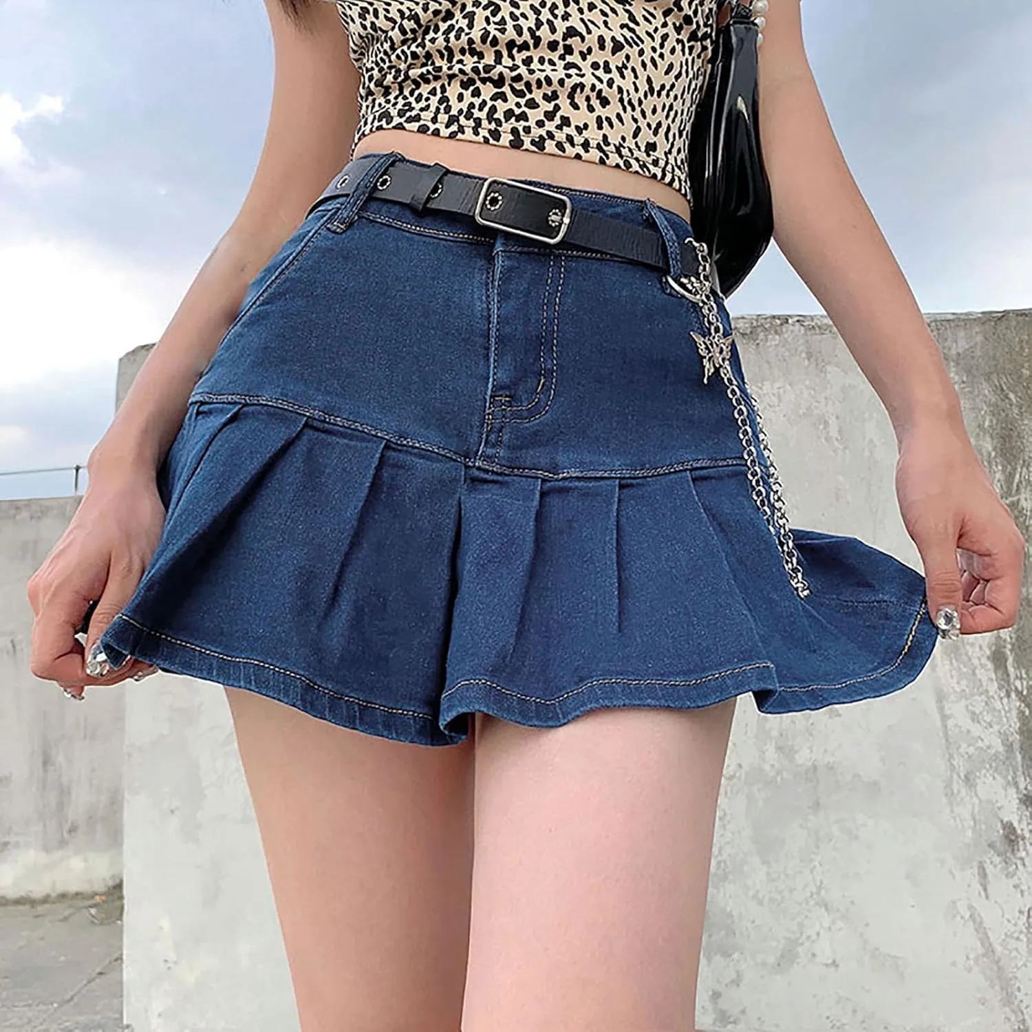 tuduoms Womens Fashion Pleated Jean Skirt High Waist A-line Mini Y2k Ruffled Denim Skirts School Girl Uniform Short Skirts