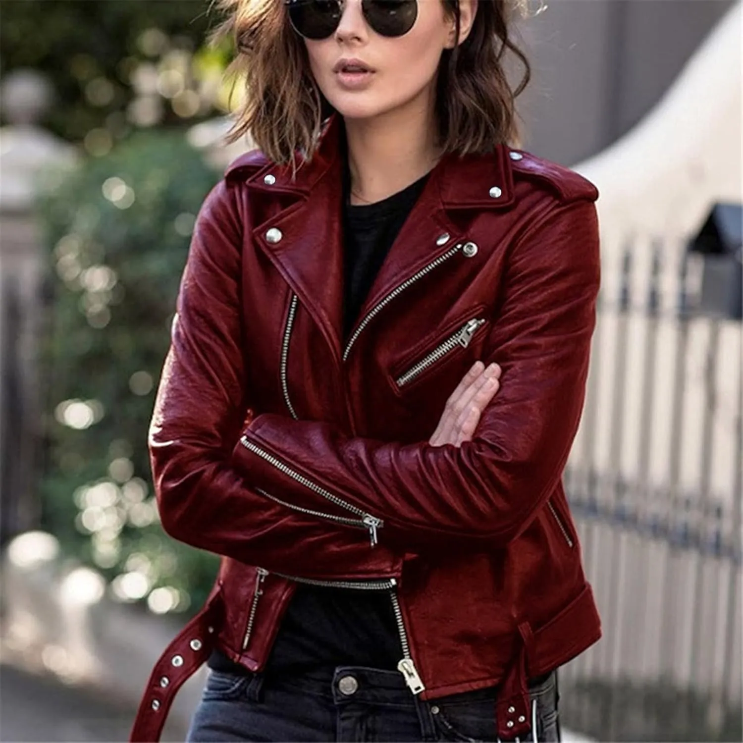 tuduoms Womens Retro Motorcycle Jacket Faux Leather Jackets Long Sleeve Plus Size Zipper Short Moto Biker Crop Coat with Belt
