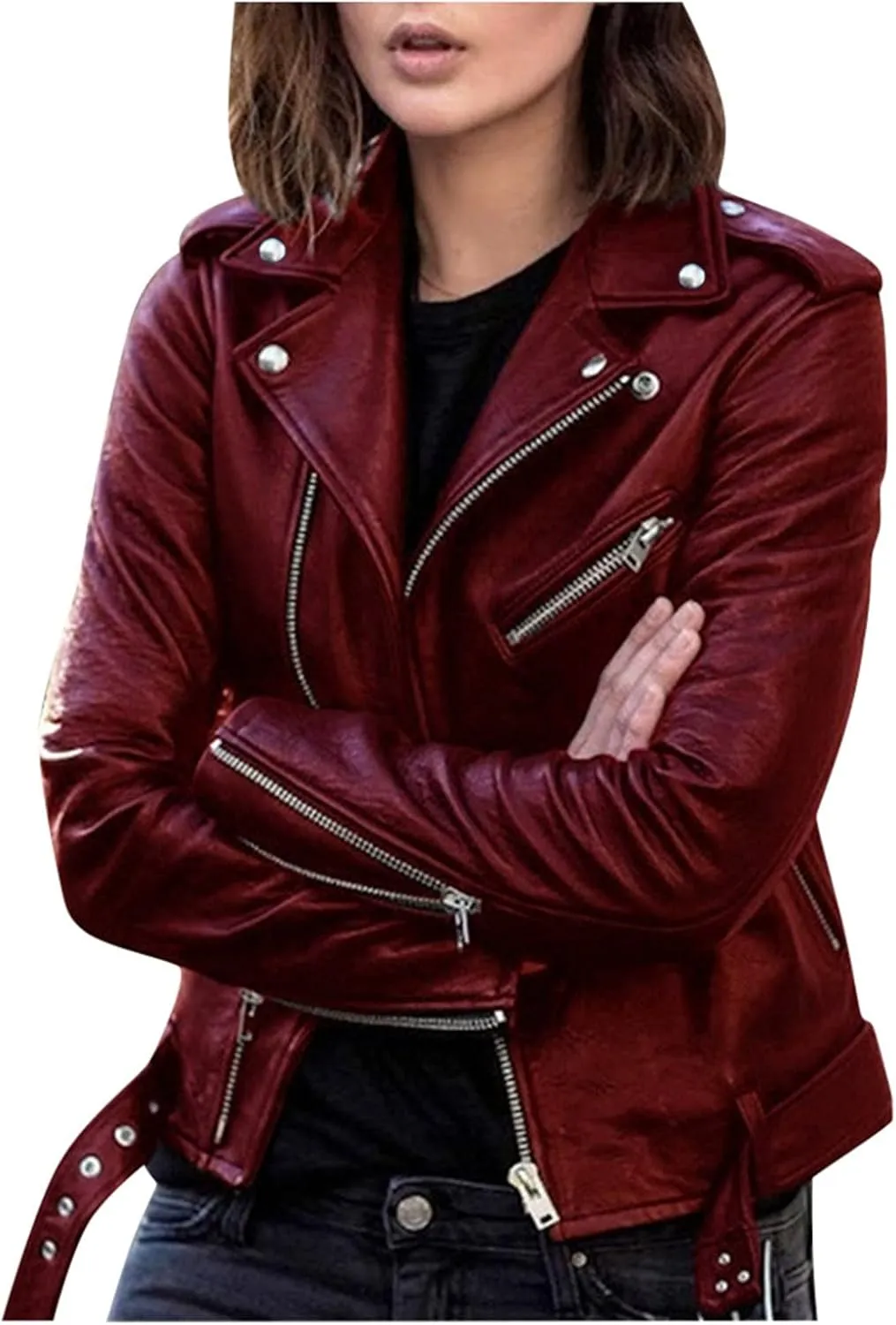 tuduoms Womens Retro Motorcycle Jacket Faux Leather Jackets Long Sleeve Plus Size Zipper Short Moto Biker Crop Coat with Belt