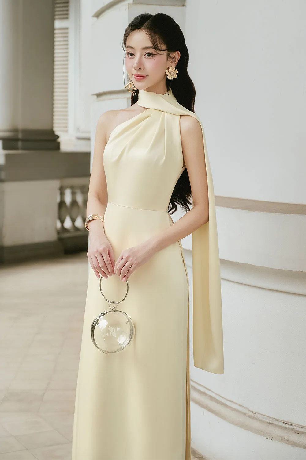 Tue Nhi A-line Sleeveless Silk Satin Floor Length Set