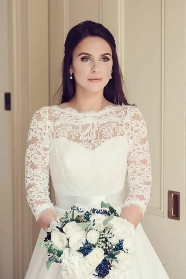 Tulle A-line 3/4 Sleeves Lace Wedding Dresses With Train, Bridal Gown, SW607