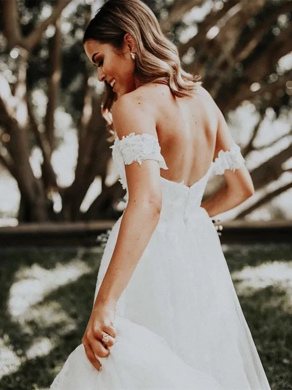 Tulle A-line Off-the-Shoulder Sweep Train Wedding Dresses With Appliques, SW484