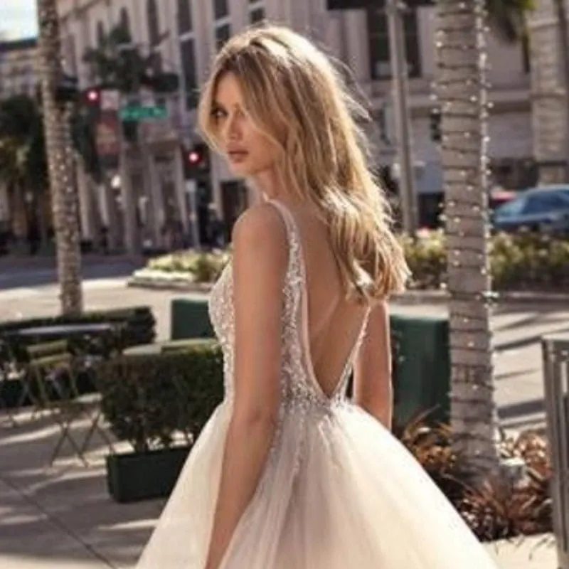 Tulle Evening Gown Backless V-Neck High Split Prom Party Gowns Custom Made Special Occasion Dresses
