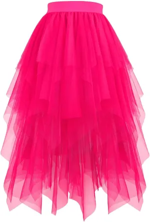 Tulle Skirt for Women Elastic Waist Mesh High Low Layered Skirts Casual Fashion Asymmetrical Pleated Beach Skirt