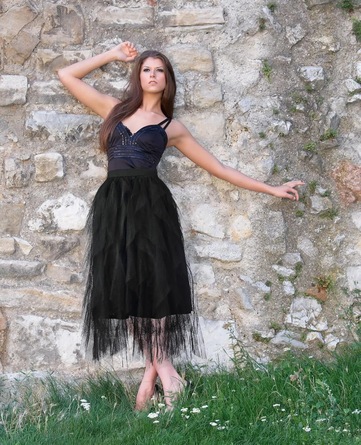 Tulle Skirts for Women Mesh Tiered Layered Tutu Skirt, High Low Elastic Waist Party Midi Tulle Skirt
