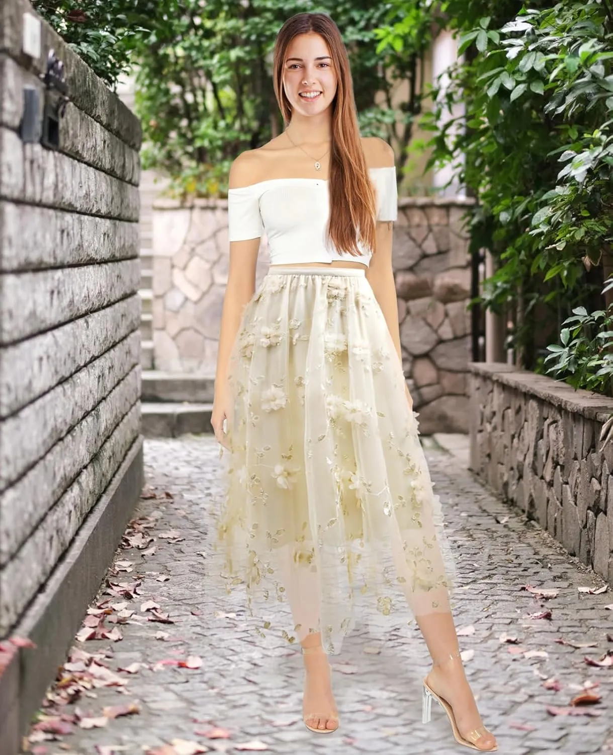 Tulle Skirts for Women Mesh Tiered Layered Tutu Skirt, High Low Elastic Waist Party Midi Tulle Skirt