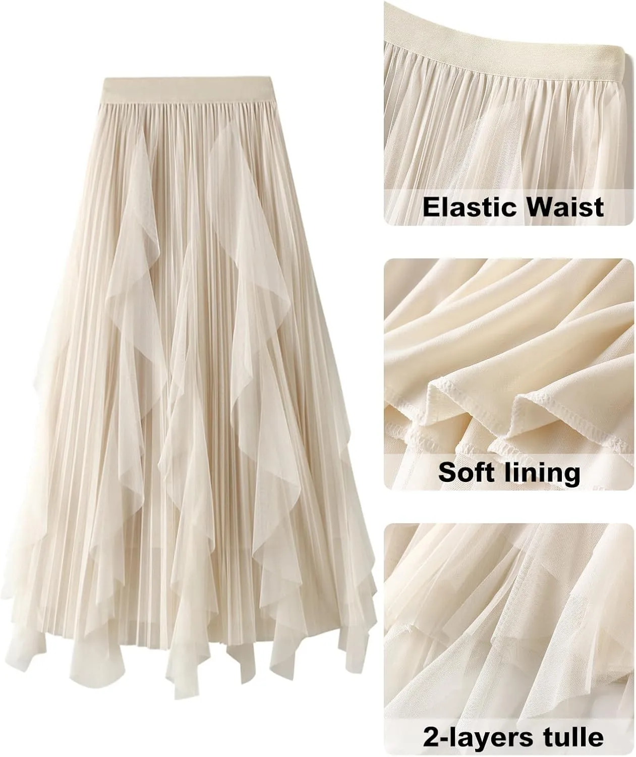Tulle Skirts for Women Mesh Tiered Layered Tutu Skirt, High Low Elastic Waist Party Midi Tulle Skirt