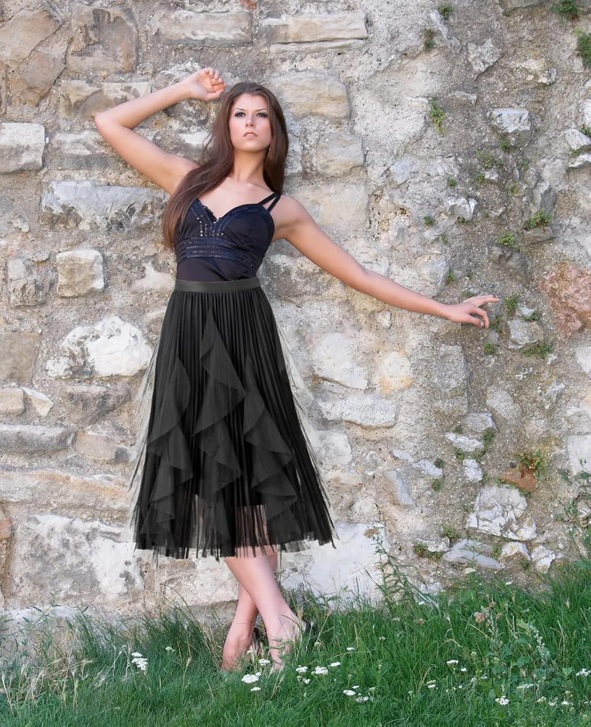 Tulle Skirts for Women Mesh Tiered Layered Tutu Skirt, High Low Elastic Waist Party Midi Tulle Skirt