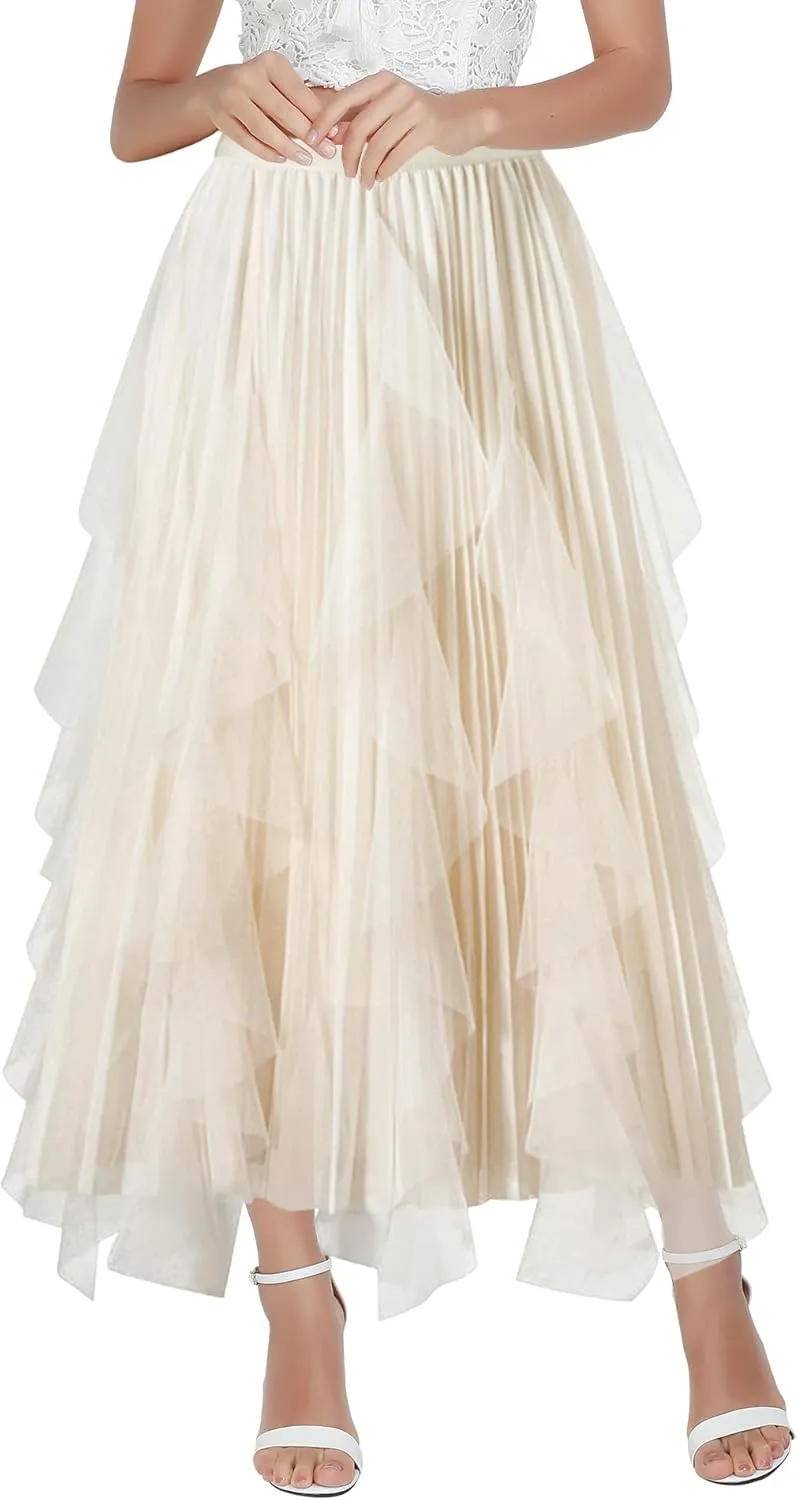 Tulle Skirts for Women Mesh Tiered Layered Tutu Skirt, High Low Elastic Waist Party Midi Tulle Skirt