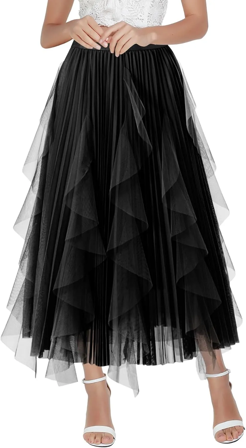 Tulle Skirts for Women Mesh Tiered Layered Tutu Skirt, High Low Elastic Waist Party Midi Tulle Skirt