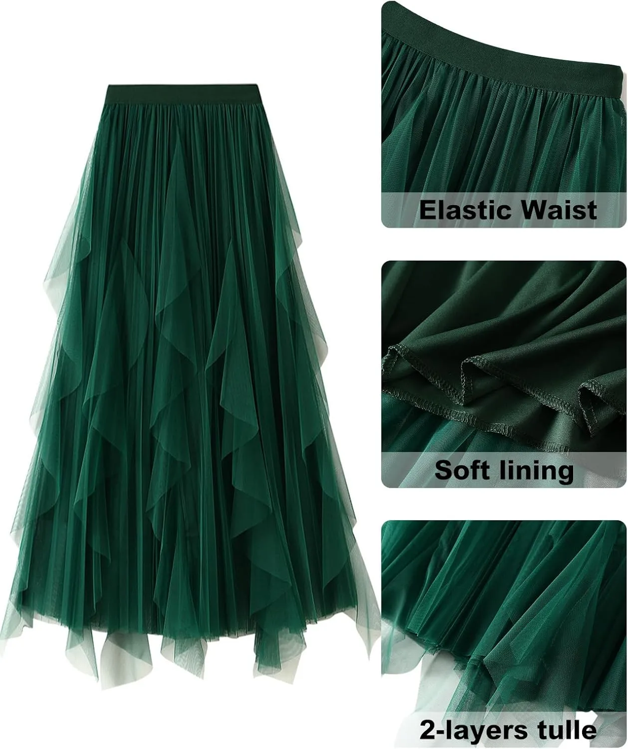 Tulle Skirts for Women Mesh Tiered Layered Tutu Skirt, High Low Elastic Waist Party Midi Tulle Skirt