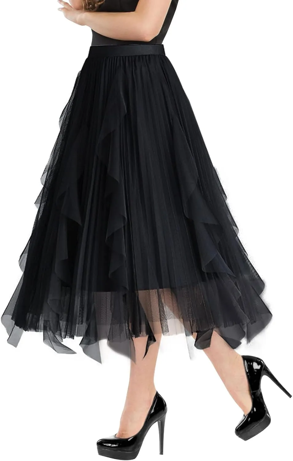 Tulle Skirts for Women Mesh Tiered Layered Tutu Skirt, High Low Elastic Waist Party Midi Tulle Skirt