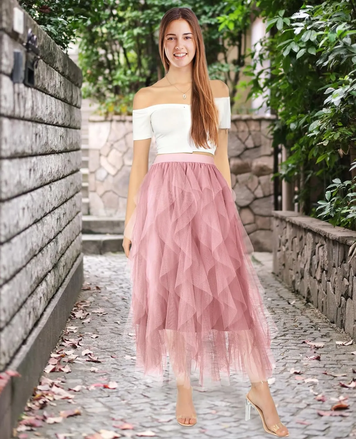 Tulle Skirts for Women Mesh Tiered Layered Tutu Skirt, High Low Elastic Waist Party Midi Tulle Skirt