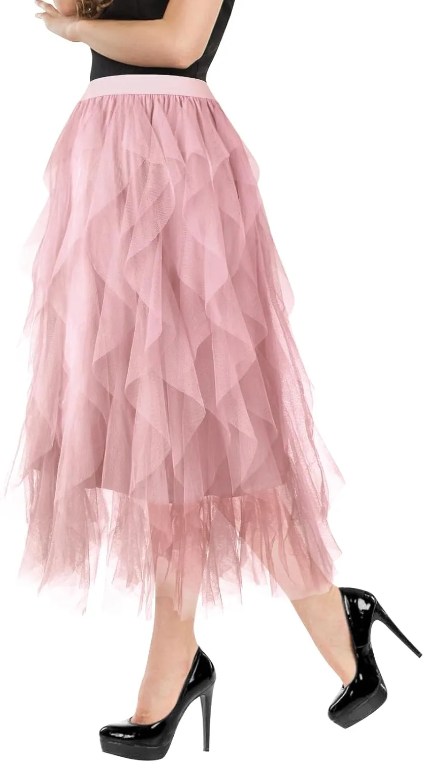 Tulle Skirts for Women Mesh Tiered Layered Tutu Skirt, High Low Elastic Waist Party Midi Tulle Skirt