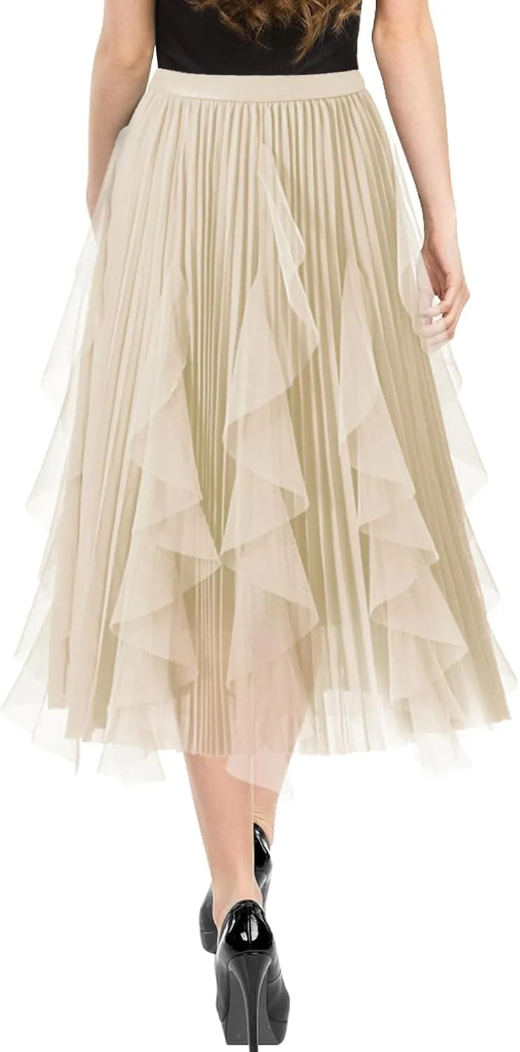 Tulle Skirts for Women Mesh Tiered Layered Tutu Skirt, High Low Elastic Waist Party Midi Tulle Skirt