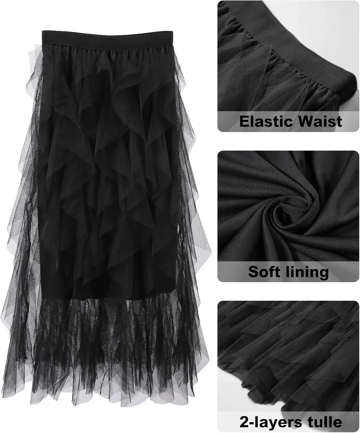 Tulle Skirts for Women Mesh Tiered Layered Tutu Skirt, High Low Elastic Waist Party Midi Tulle Skirt