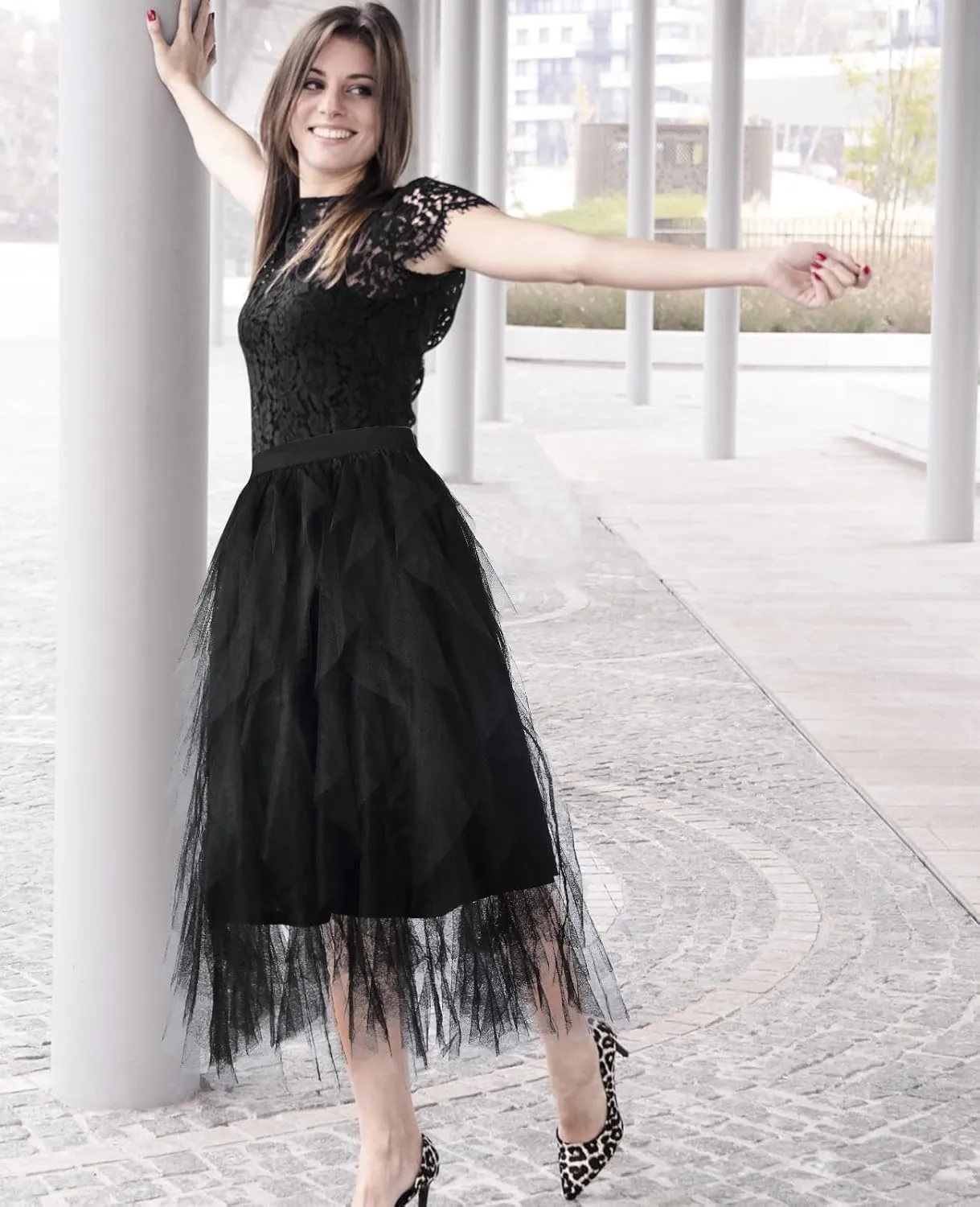 Tulle Skirts for Women Mesh Tiered Layered Tutu Skirt, High Low Elastic Waist Party Midi Tulle Skirt