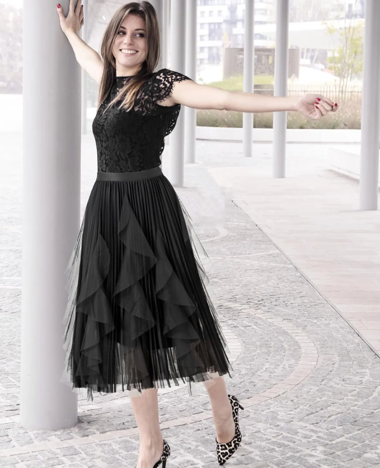 Tulle Skirts for Women Mesh Tiered Layered Tutu Skirt, High Low Elastic Waist Party Midi Tulle Skirt