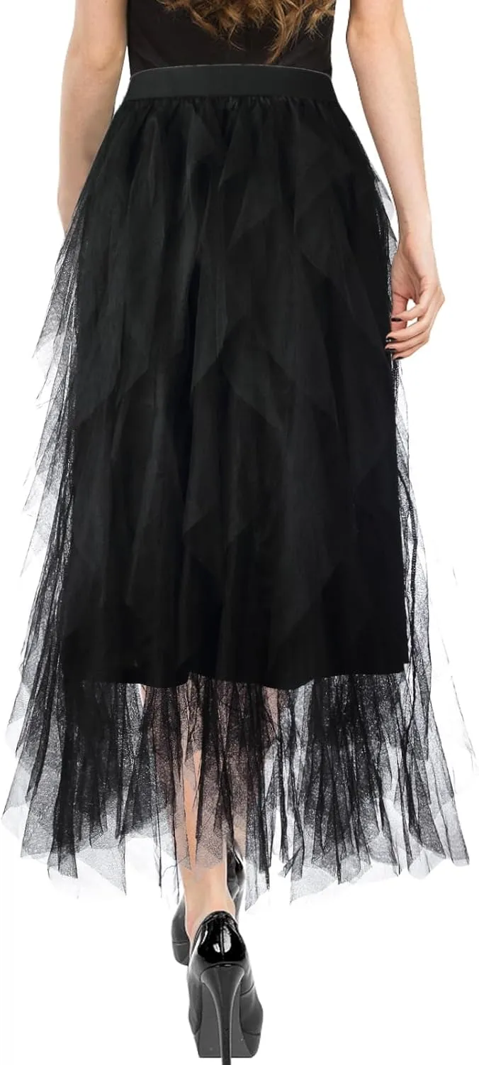 Tulle Skirts for Women Mesh Tiered Layered Tutu Skirt, High Low Elastic Waist Party Midi Tulle Skirt