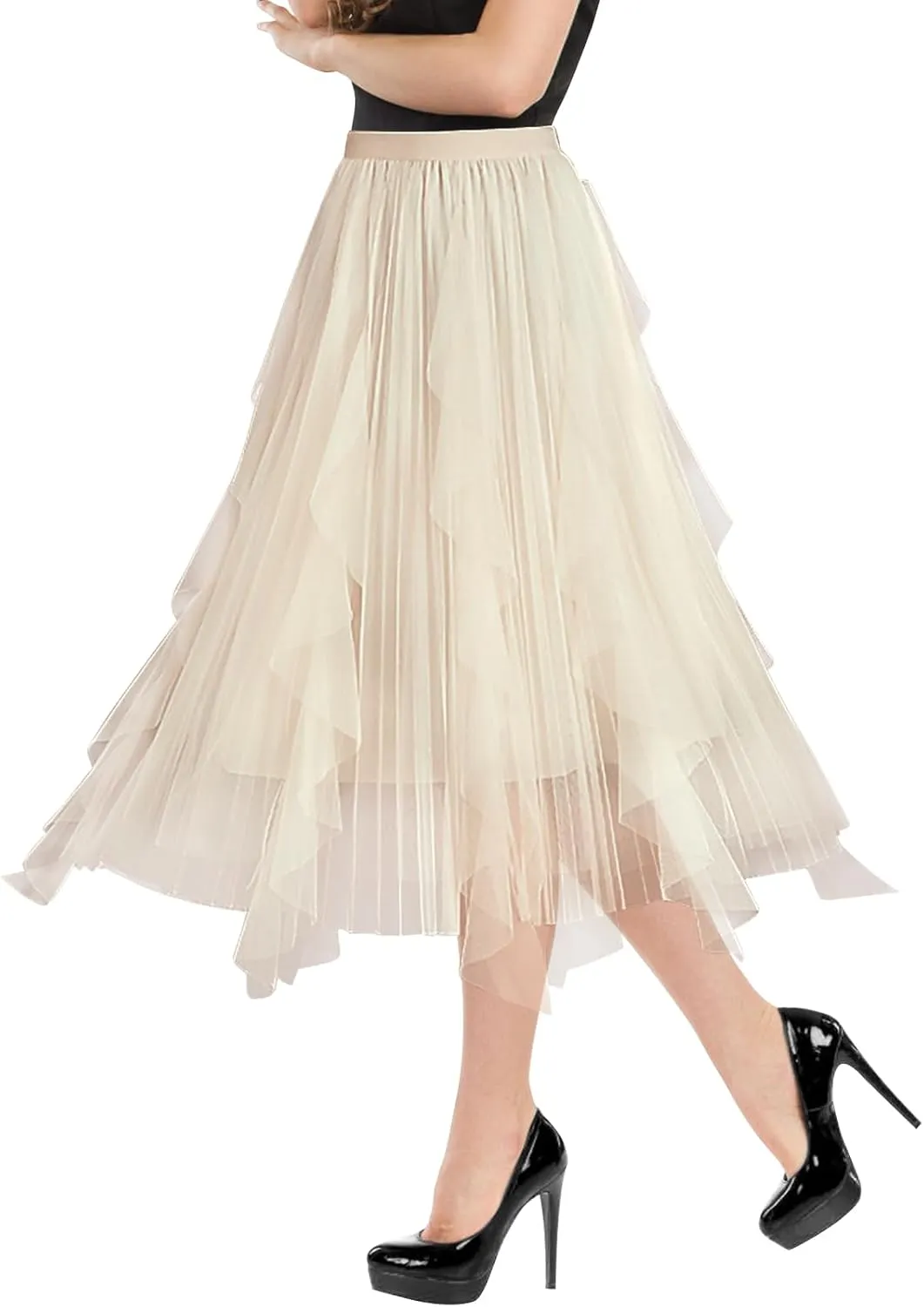 Tulle Skirts for Women Mesh Tiered Layered Tutu Skirt, High Low Elastic Waist Party Midi Tulle Skirt