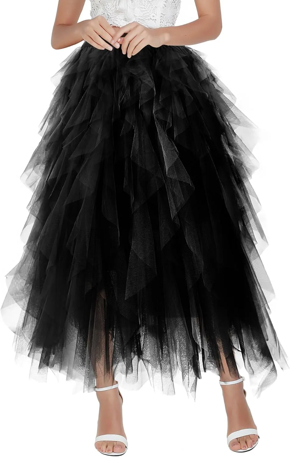 Tulle Skirts for Women Mesh Tiered Layered Tutu Skirt, High Low Elastic Waist Party Midi Tulle Skirt
