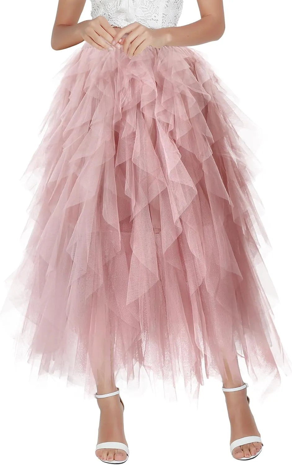 Tulle Skirts for Women Mesh Tiered Layered Tutu Skirt, High Low Elastic Waist Party Midi Tulle Skirt