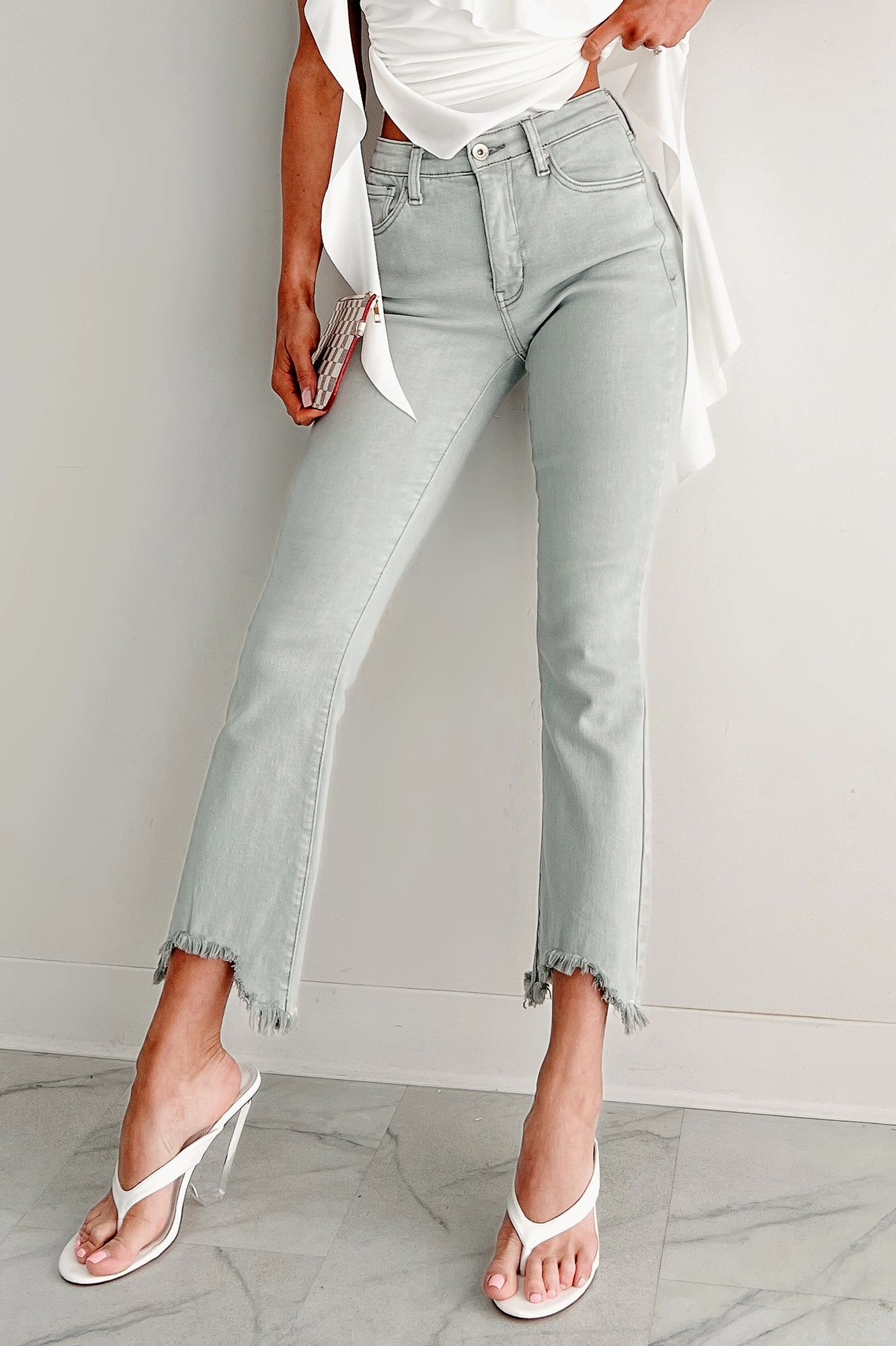 Tulsa Mid Rise Tummy Control Special A Kick Flare Jeans (Light Grey)