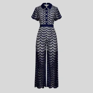 Turn-down collar Short sleeve Lace Jumpsuit
