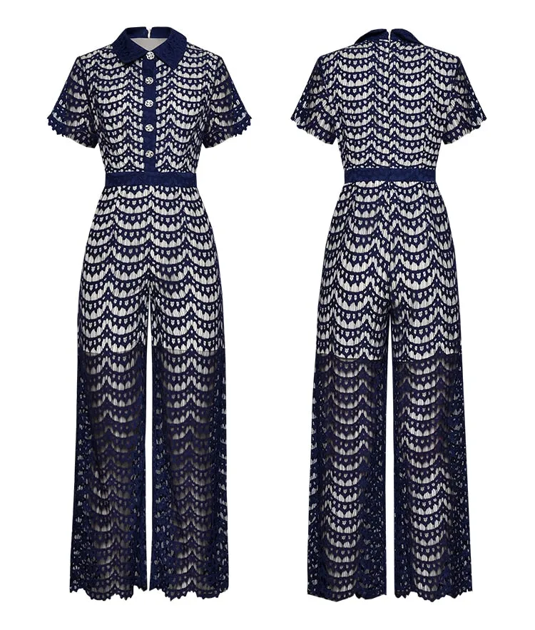 Turn-down collar Short sleeve Lace Jumpsuit