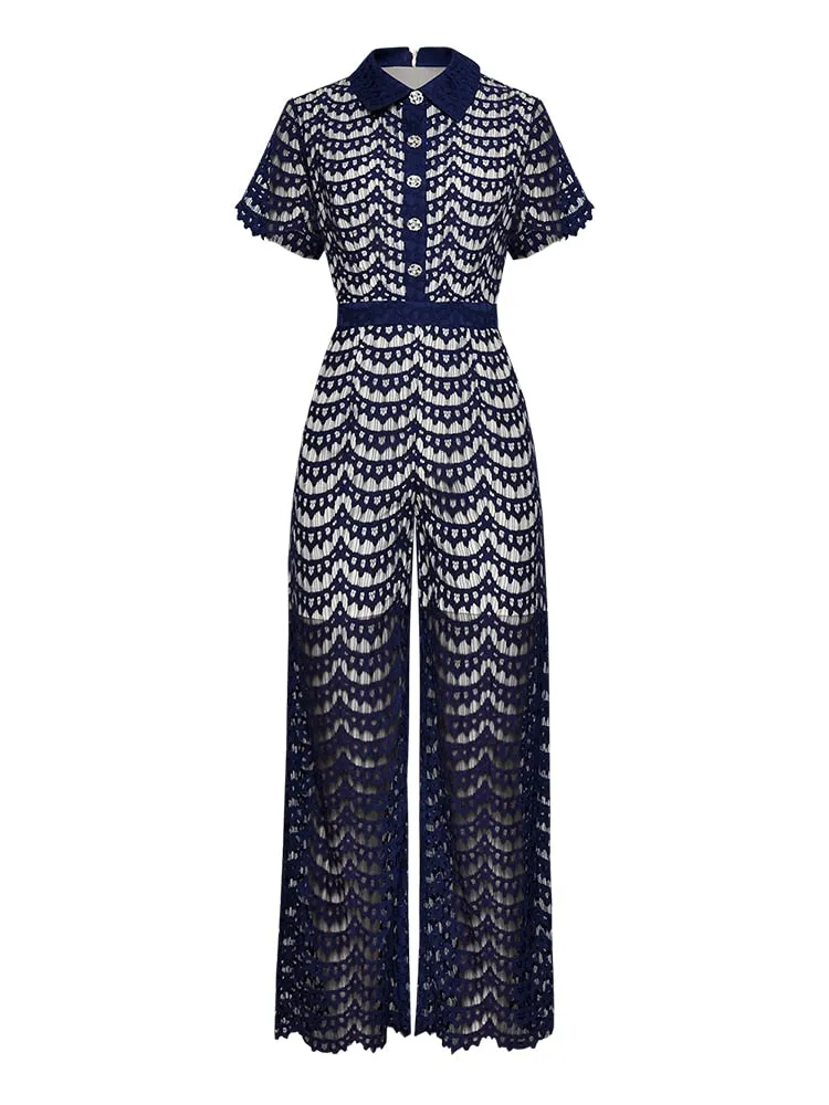Turn-down collar Short sleeve Lace Jumpsuit