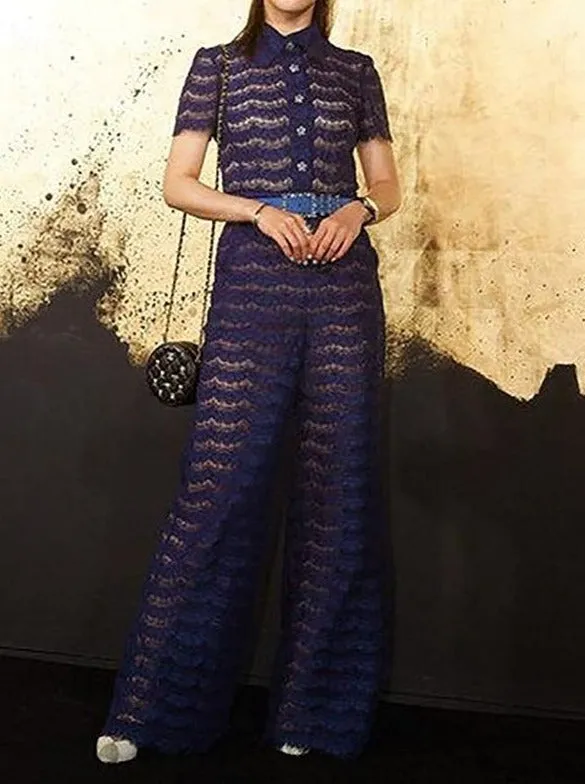 Turn-down collar Short sleeve Lace Jumpsuit