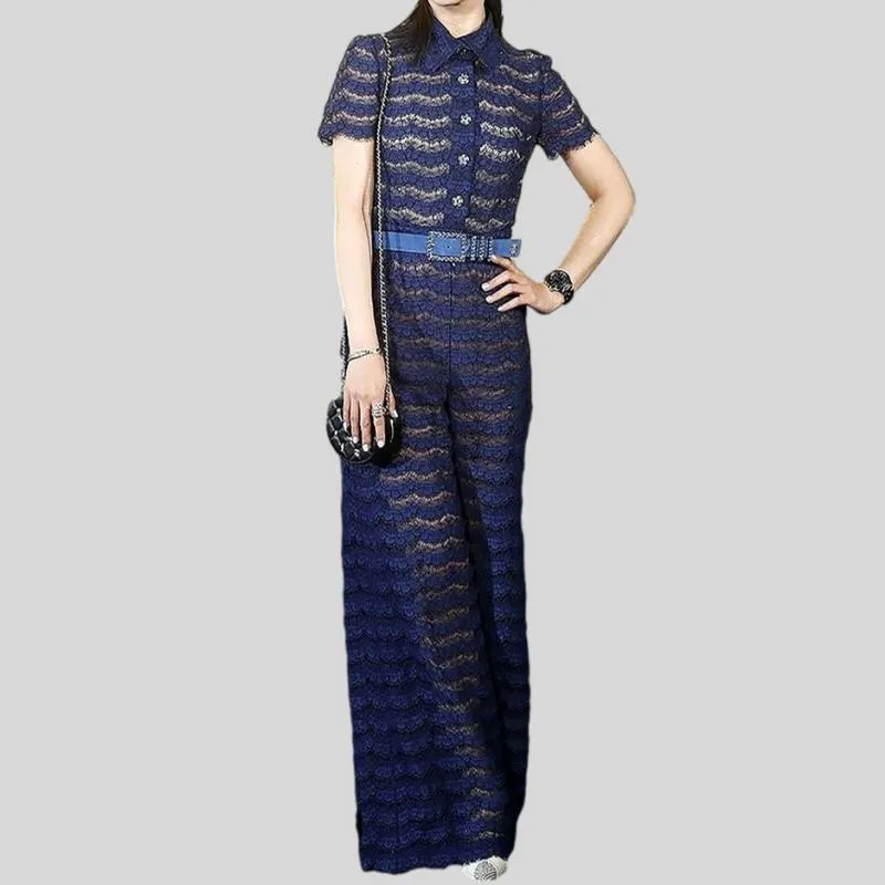 Turn-down collar Short sleeve Lace Jumpsuit