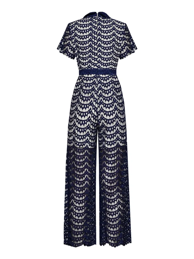 Turn-down collar Short sleeve Lace Jumpsuit
