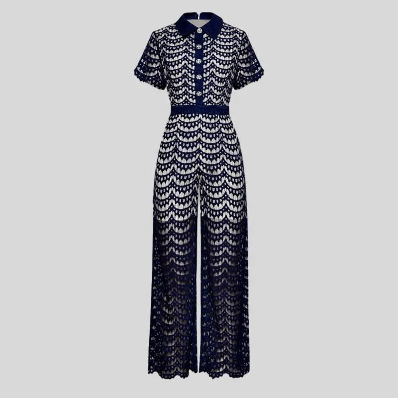 Turn-down collar Short sleeve Lace Jumpsuit