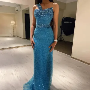 Turquoise Blue Mermaid One Shoulder Evening Dress
