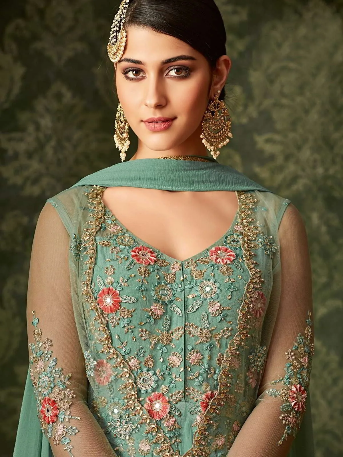 Turquoise Front Slit Embroidered Anarkali Pant Suit
