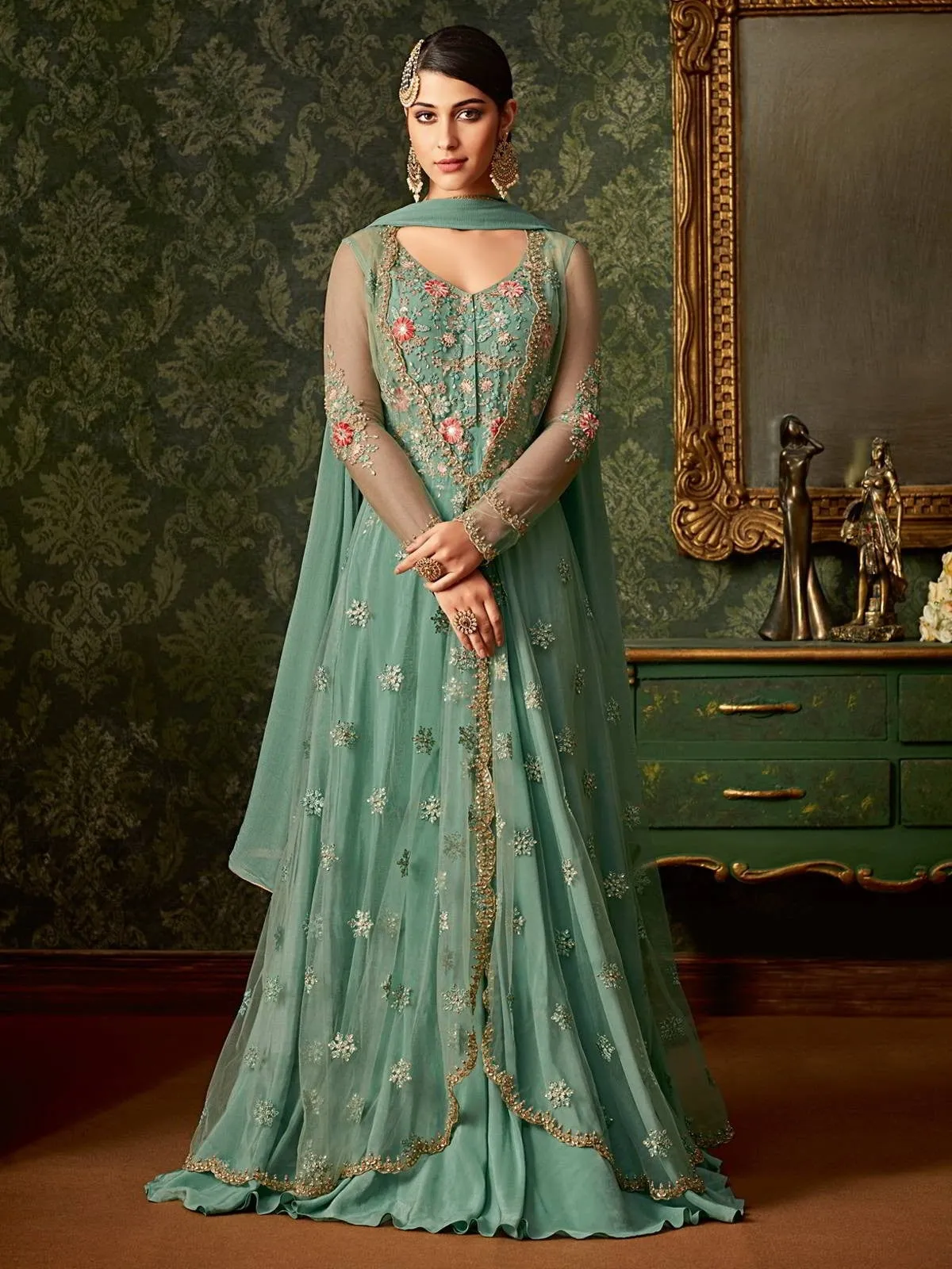 Turquoise Front Slit Embroidered Anarkali Pant Suit