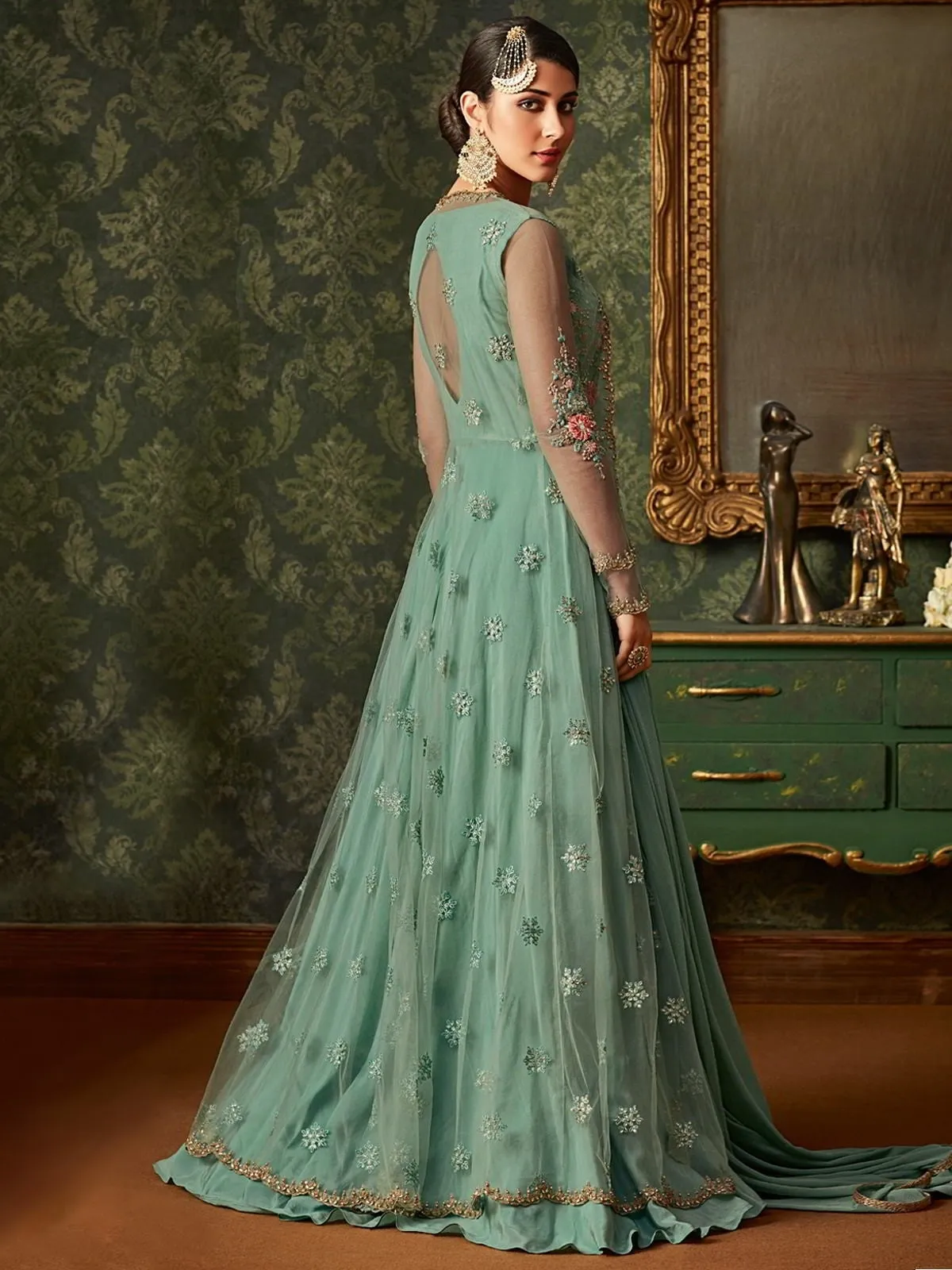 Turquoise Front Slit Embroidered Anarkali Pant Suit