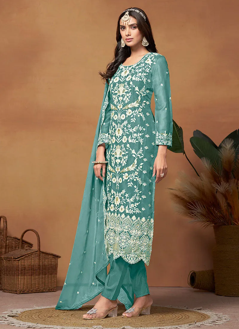 Turquoise Thread And Sequence  Embroidery Pant Style Salwar Suit