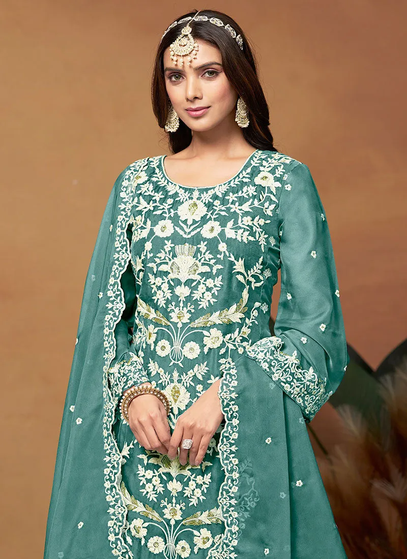 Turquoise Thread And Sequence  Embroidery Pant Style Salwar Suit