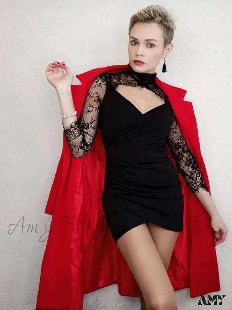 Turtle Lace Sleeve Bodycon Hollow Out Dress Vintage Gothic Long Sexy Mini Neck