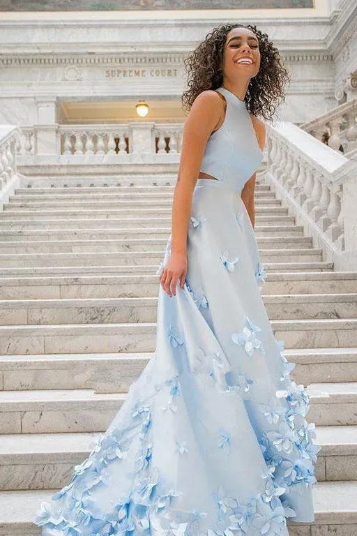 Two Piece Flowers Appliques Light Sky Blue Prom Dress TP0886