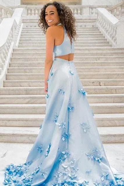 Two Piece Flowers Appliques Light Sky Blue Prom Dress TP0886