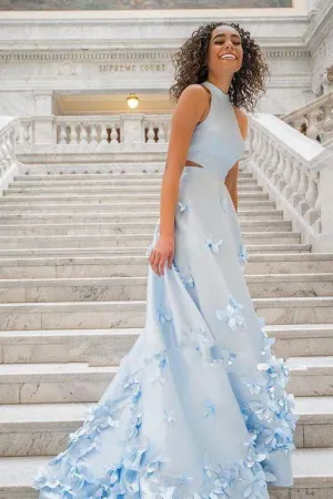 Two Piece Flowers Appliques Light Sky Blue Prom Dress TP0886